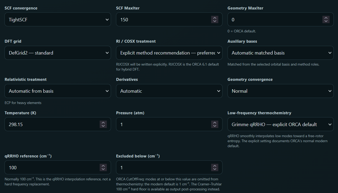 Selection of additional properties and approximations. Further settings available