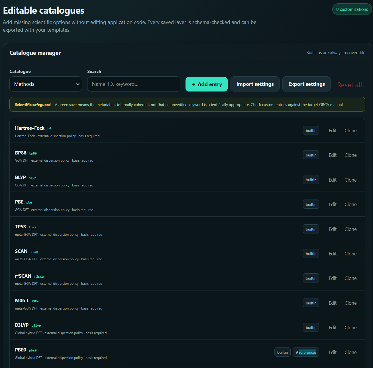 Addition of new methods. Methods catalogue